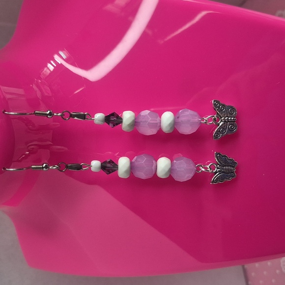 Butterfly Charm Pink and Silver Earrings - Picture 2 of 2